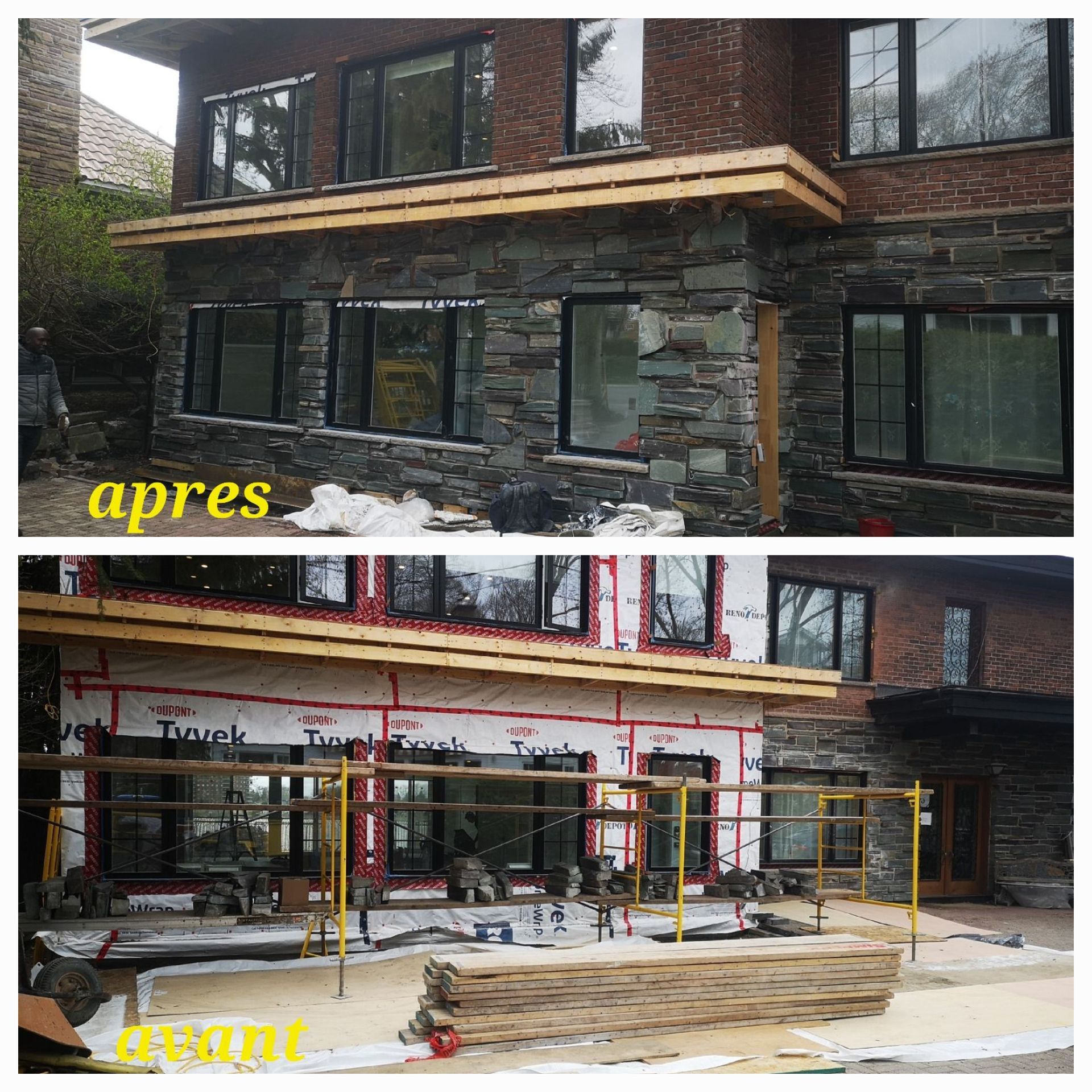 Une photo avant et après d'une maison en briques