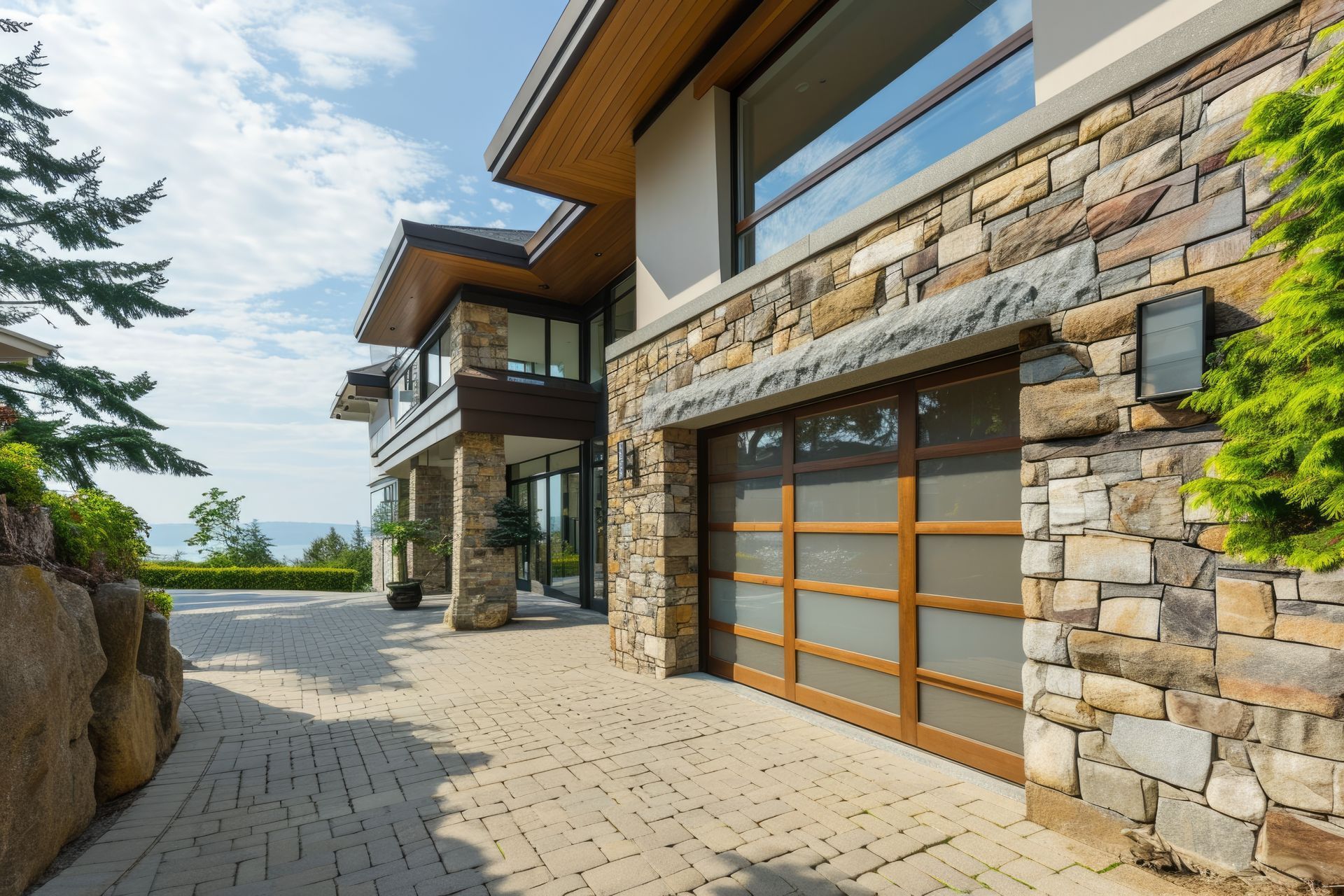 Une grande maison avec un mur en pierre et une porte de garage en bois.