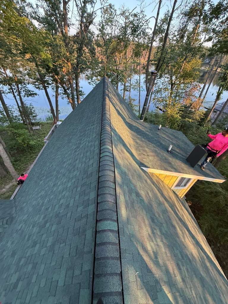 Aerial view of an A-line roof with an asphalt shingle roof installation in Gaylord, MI