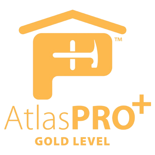 Yellow logo for AtlasPRO+ Gold Level, featuring a house roof icon integrated with a hammer inside the letter P.