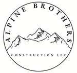 Dark blue circular logo with a mountain sketch and 