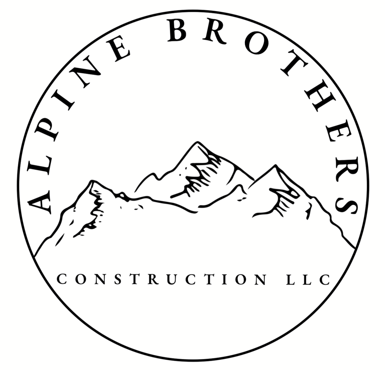 Dark blue circular logo with a mountain sketch and 