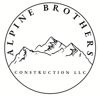 Dark blue circular logo with a mountain sketch and 