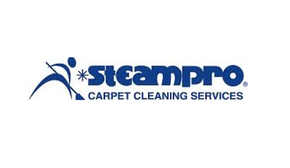 Logo for Steampro, carpet cleaning services. Blue text and icon of a person cleaning.