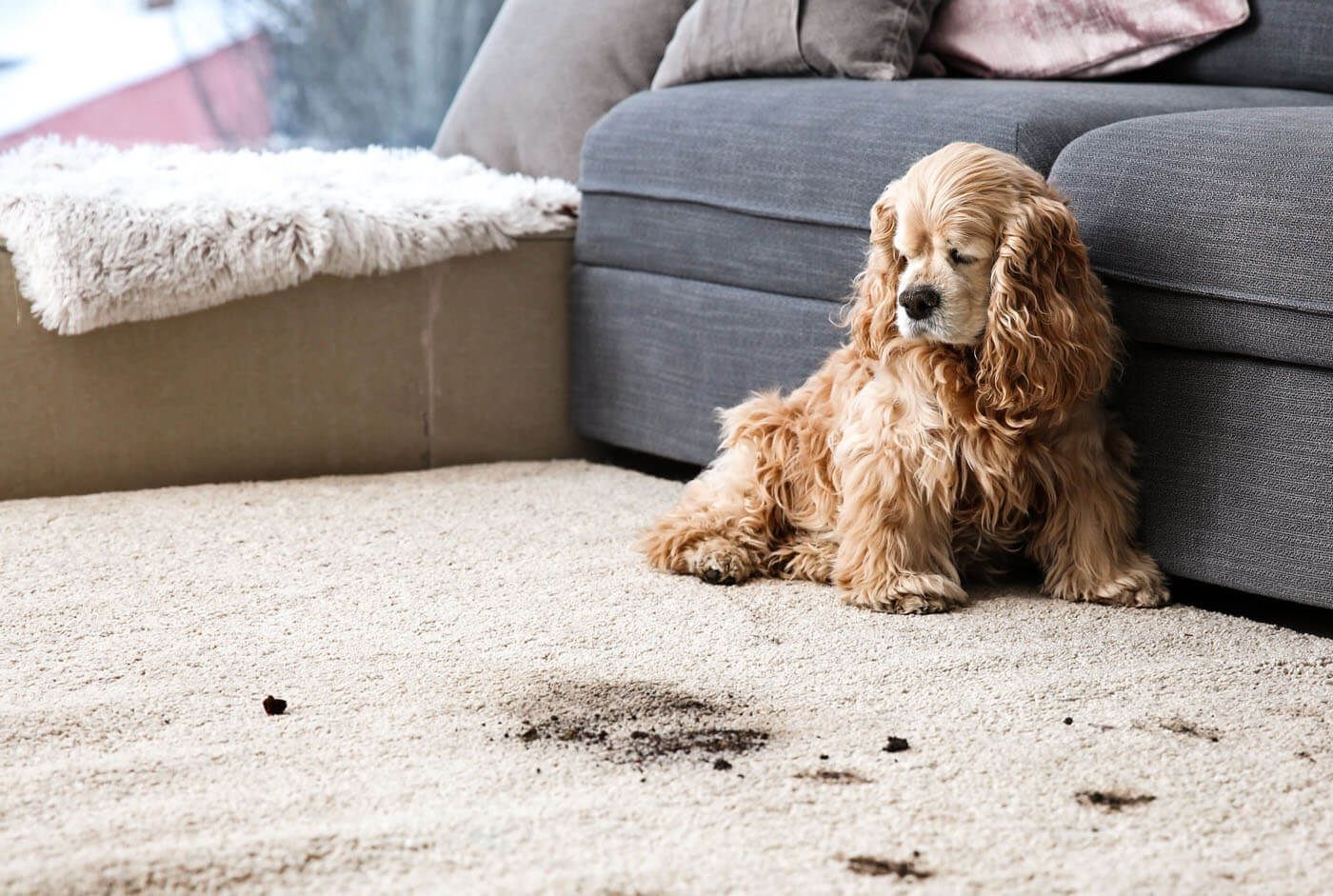 Cocker spaniel sits on carpet with dirty stain near a couch.