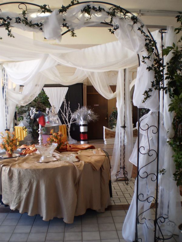 A room with a table and a canopy over it