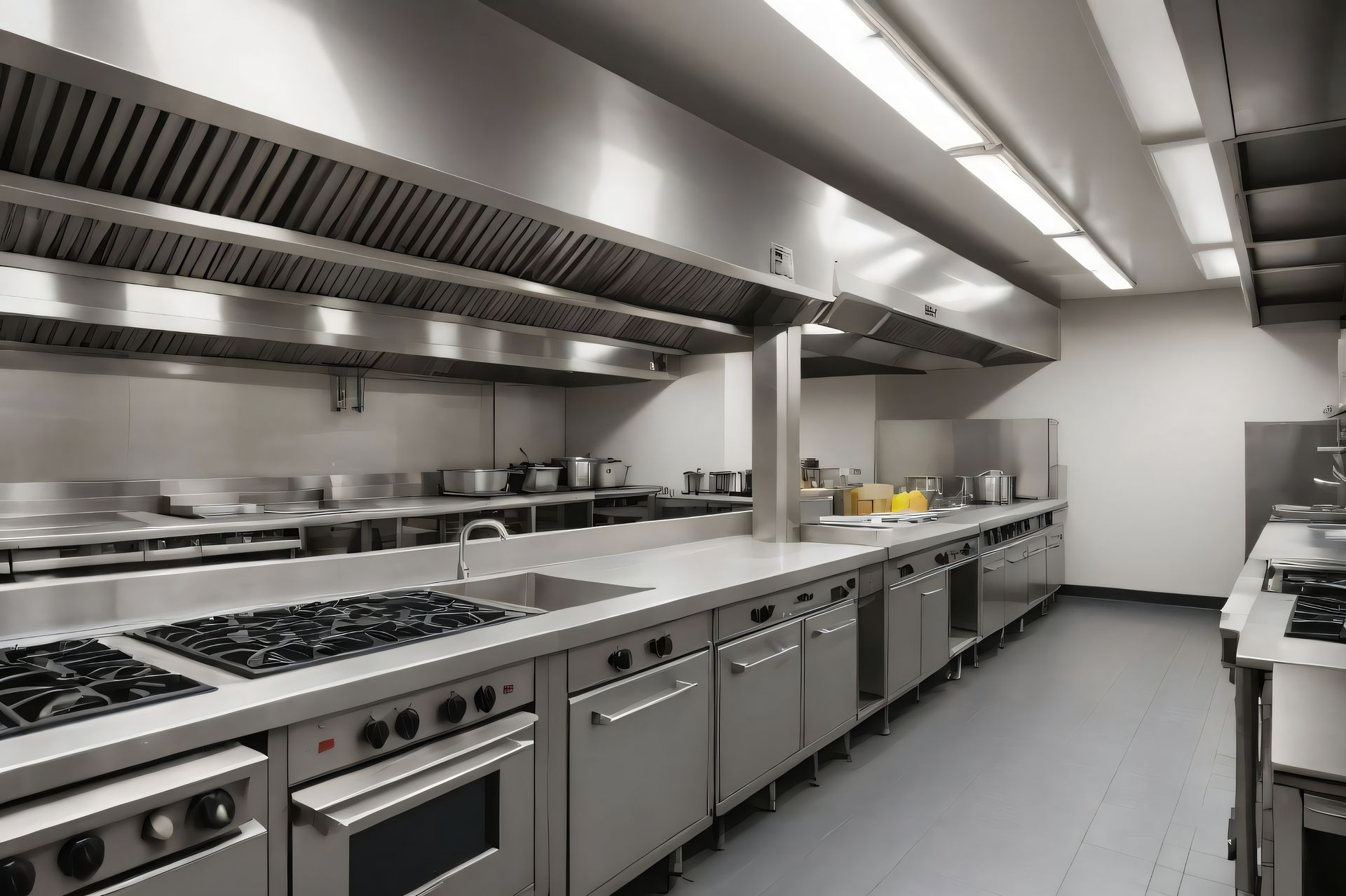 Commercial kitchen with stainless steel appliances, stovetops, ovens, and ventilation hoods.