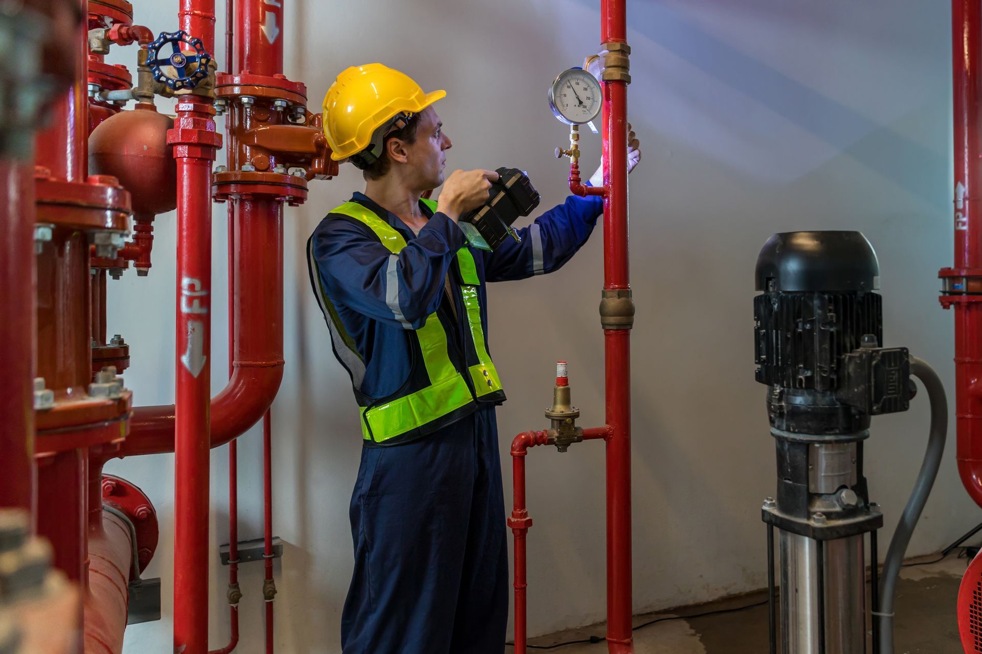 A man in a hard hat is working on a pipe in a factory.