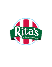 Rita's Ice-Custard-Happiness logo: green ribbon with white text, red and white striped circle, blue outline.