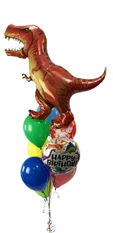 Dinosaur balloon bouquet, a large Tyrannosaurus Rex on top of several colorful balloons with a 
