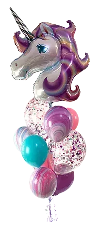 Unicorn balloon bouquet with a silver horn, purple mane, and various colorful balloons.