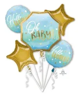 Baby shower balloon bouquet in blue and gold:
