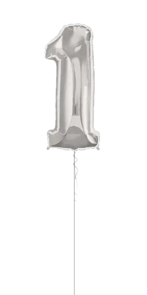 Silver foil number one balloon on a white stick, on a white background.