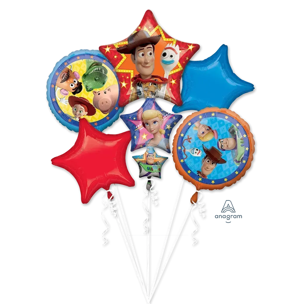 Toy Story balloon bouquet, featuring Woody, Buzz, and Bo Peep. Red, blue, and star-shaped balloons.