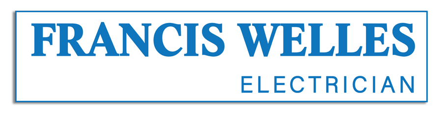 Logo for Francis Welles Electrician with blue text inside a rectangular border.