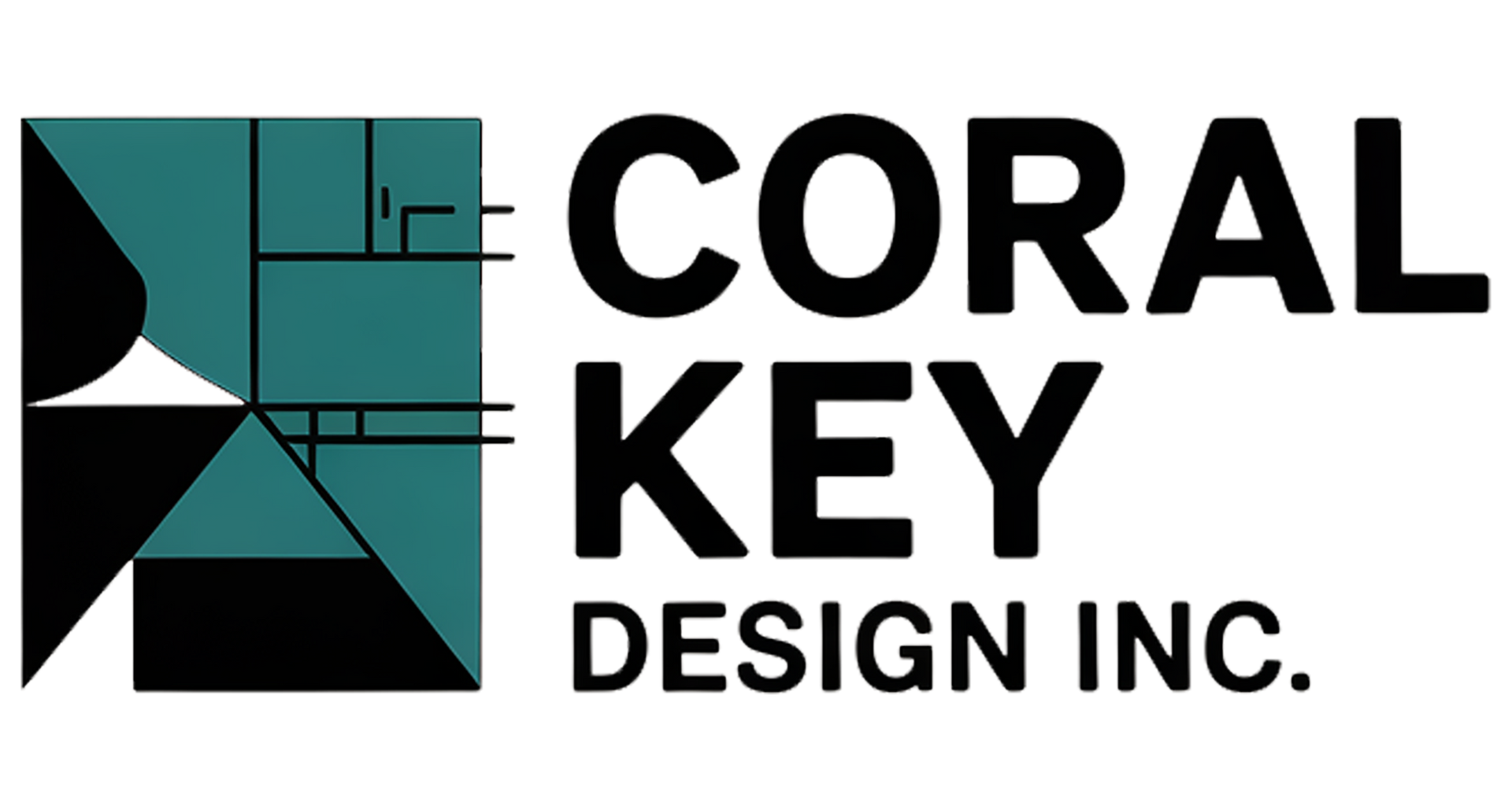 Logo: Teal, black, and white abstract geometric shapes next to 