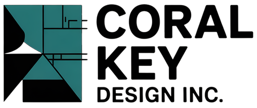 Logo for Coral Key Design Inc., with abstract geometric shapes in teal and black, and text.