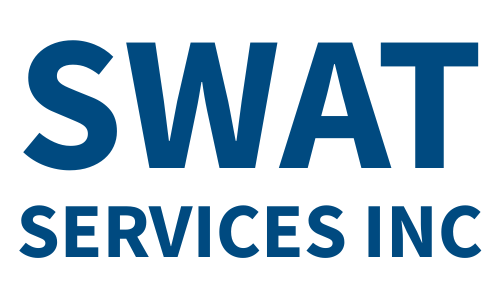 The swat services inc logo is blue and white on a white background.