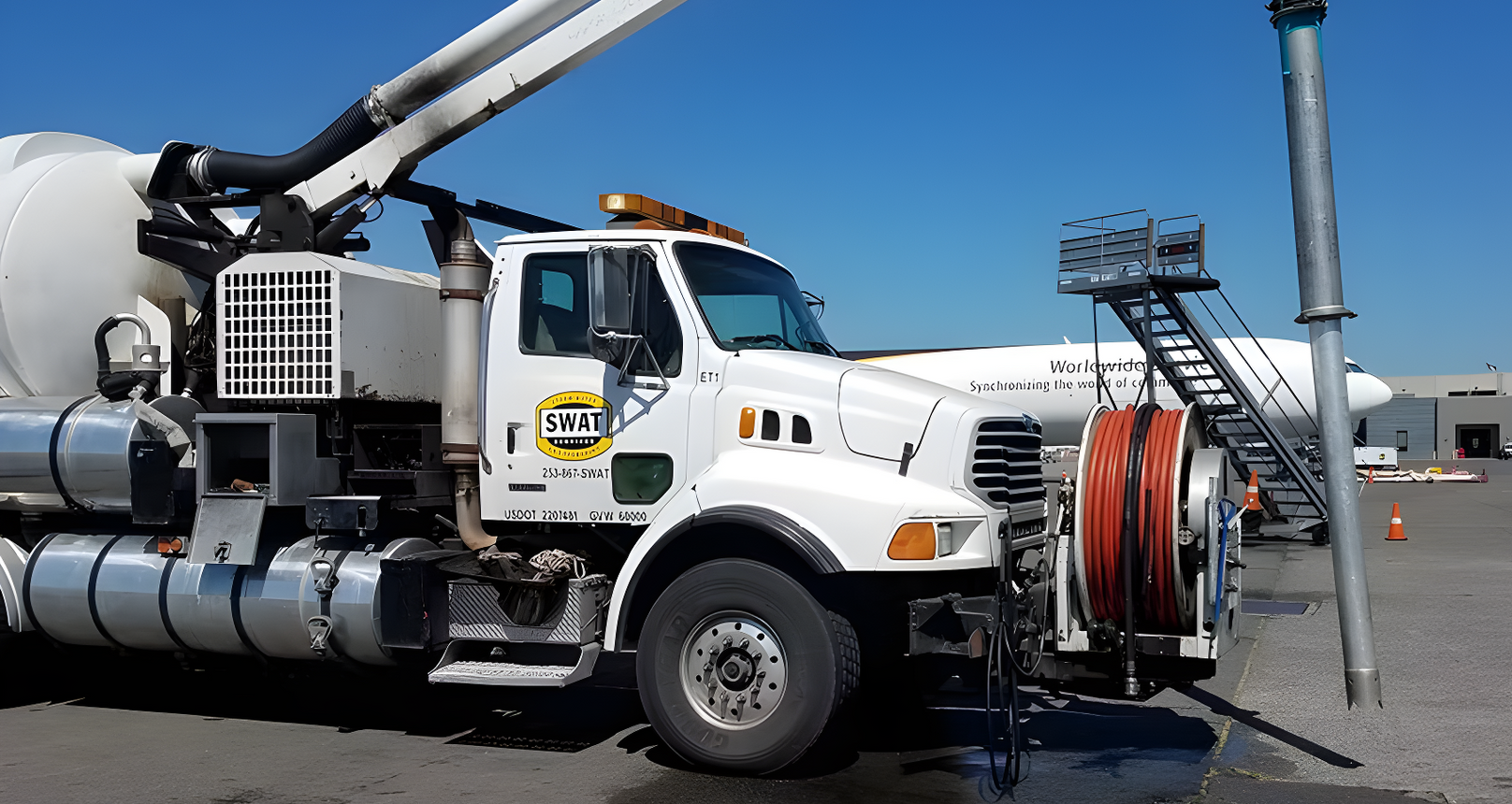 A white truck with a hose attached to it is parked in front of an airplane.