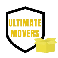 Logo: "Ultimate Movers" in gold lettering inside a black shield, with a yellow cardboard box.
