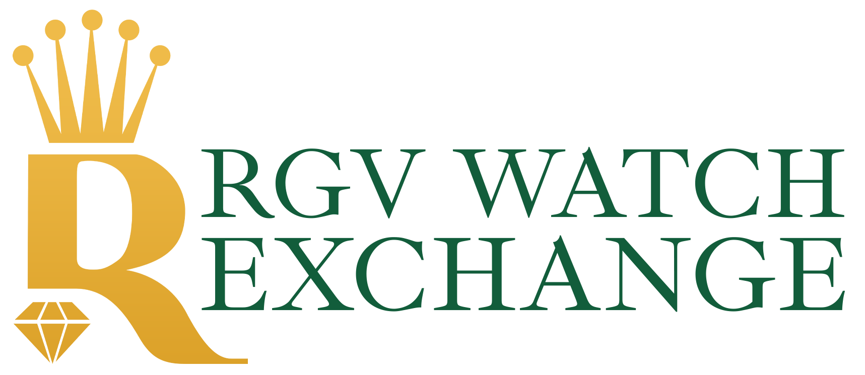 Logo for RGV Watch Exchange with a crown over the letter R and a diamond. Text reads 