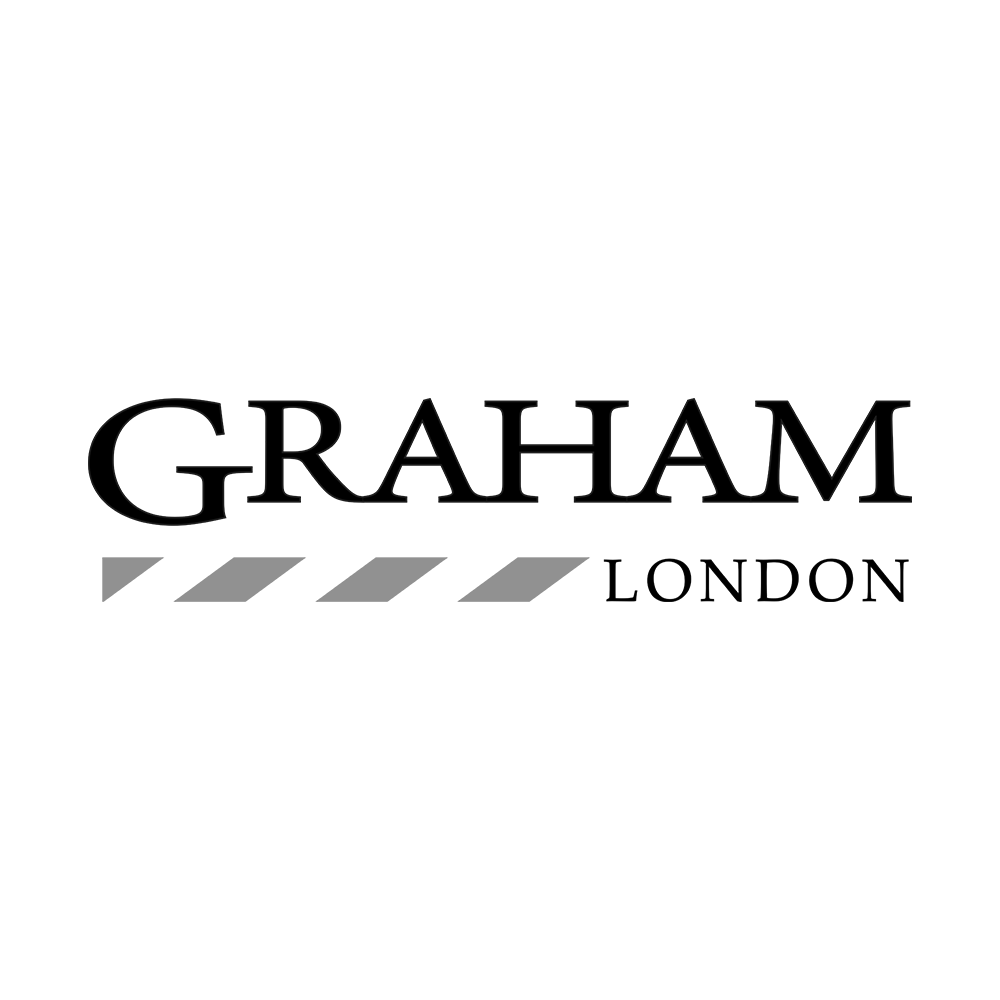 Graham London logo with text and three grey diagonal lines.