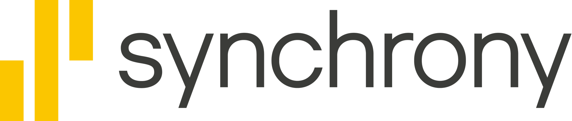 Synchrony logo with vertical yellow bars. 
