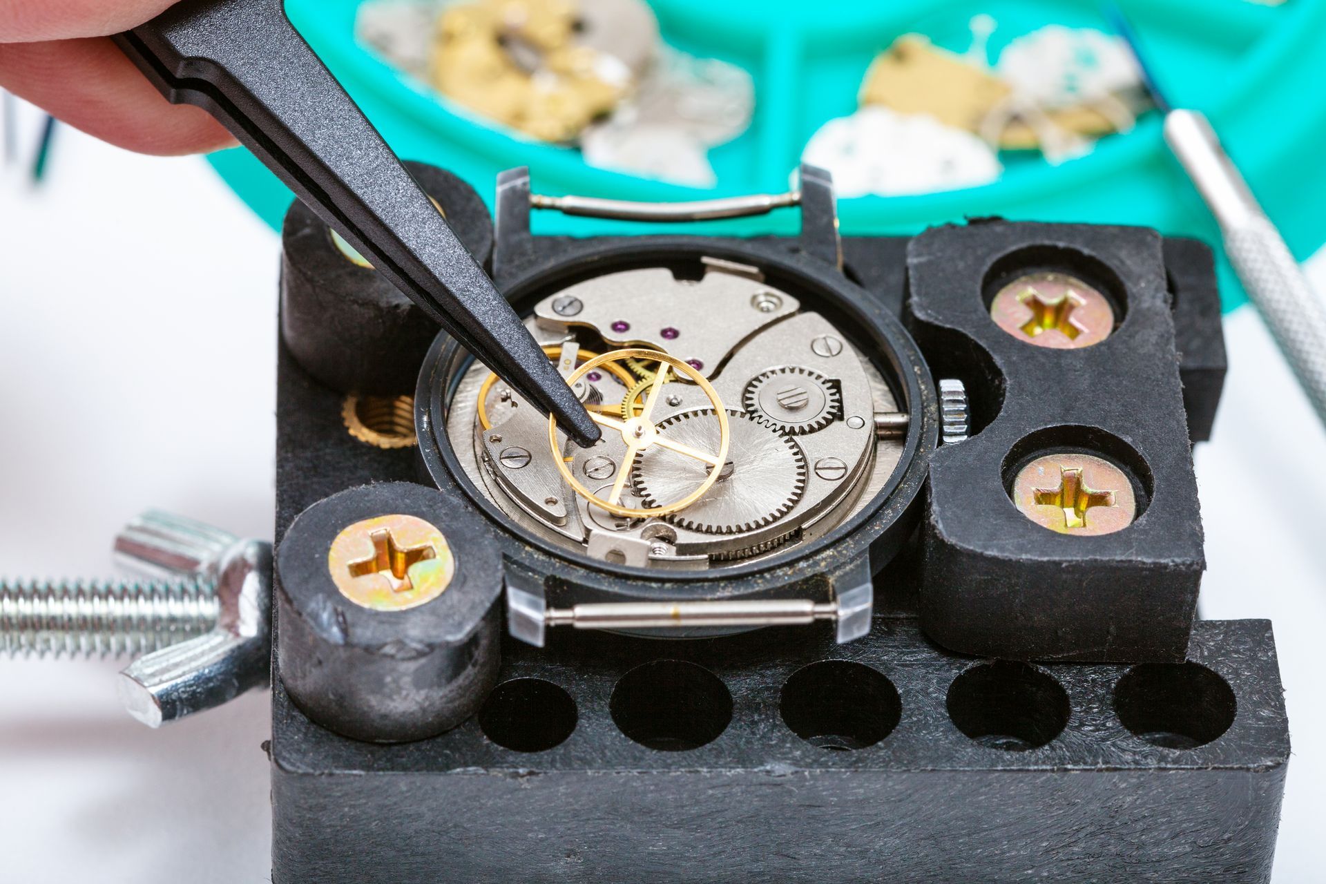 Watch repair: a person uses tweezers to work on the inner gears of a watch in a repair stand.