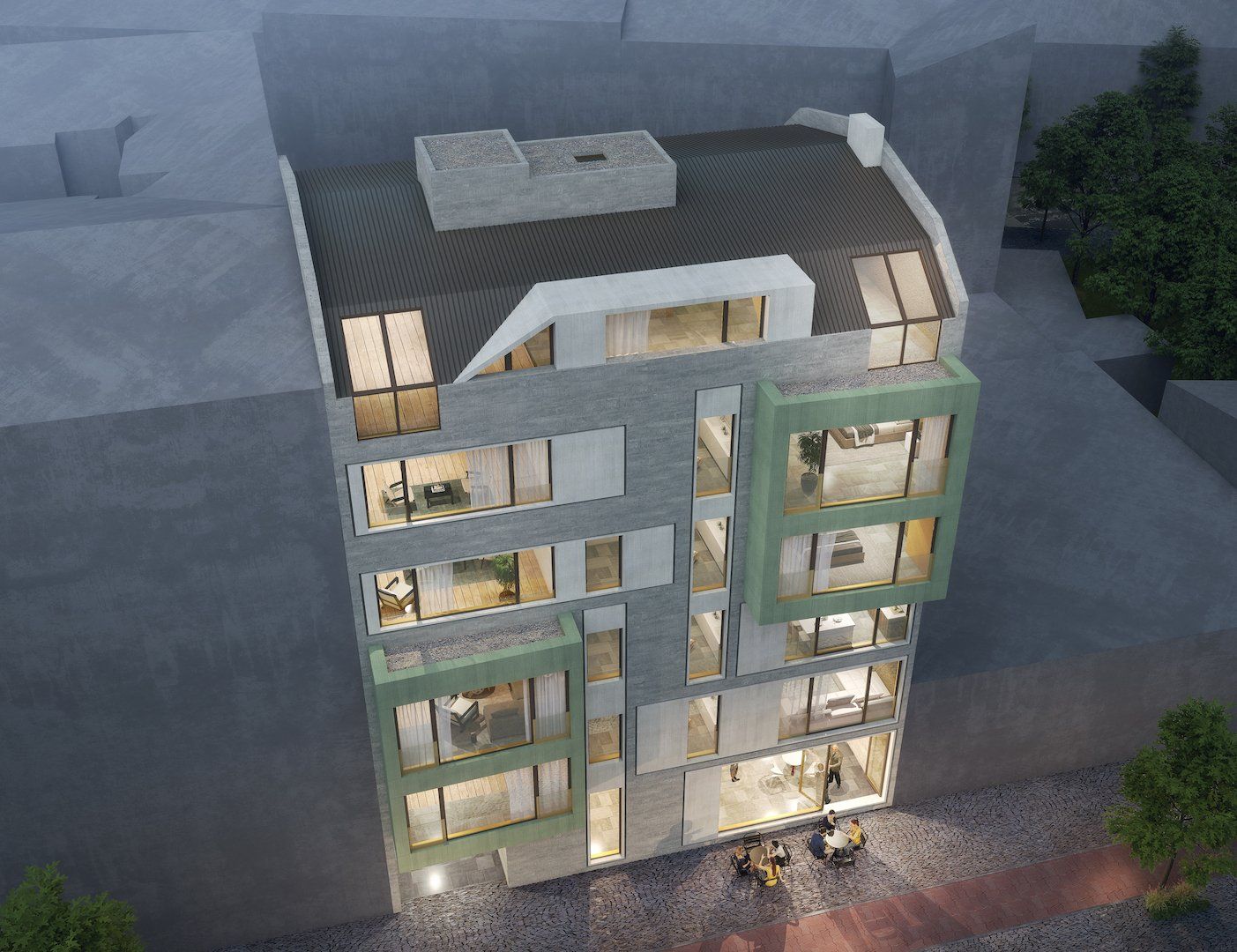 Mehrstöckiges Gebäude mit grünen Akzenten, großen Fenstern und Sitzgelegenheiten im Freien.