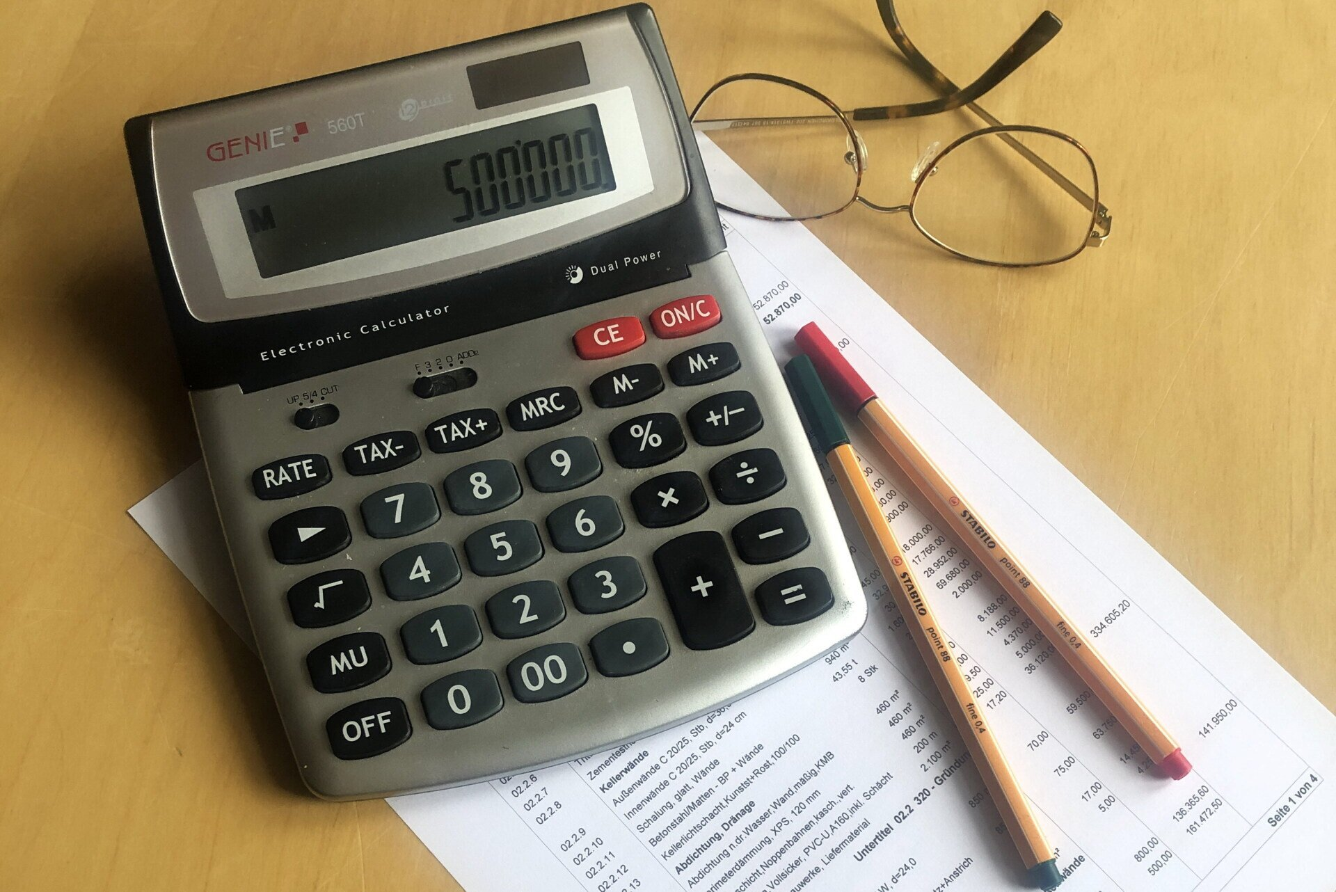 Taschenrechner mit der Anzeige 5.000.000, Brille, Stifte und Papier auf einer Holzoberfläche.