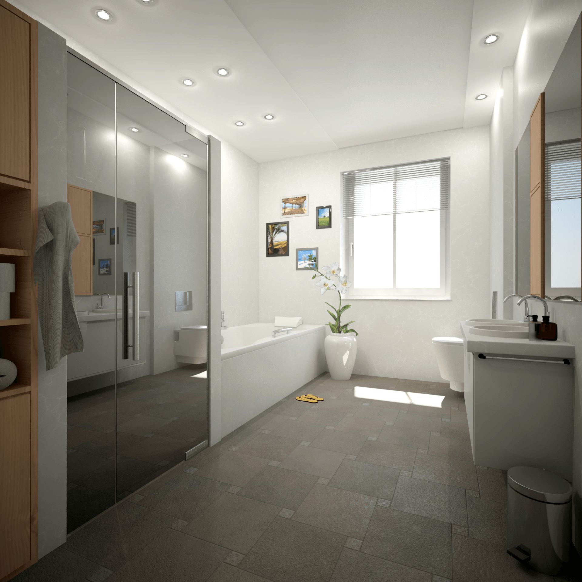 Modernes Badezimmer mit Dusche, Badewanne, WC und Waschbecken. Weiße Wände, grauer Boden und natürliches Licht.