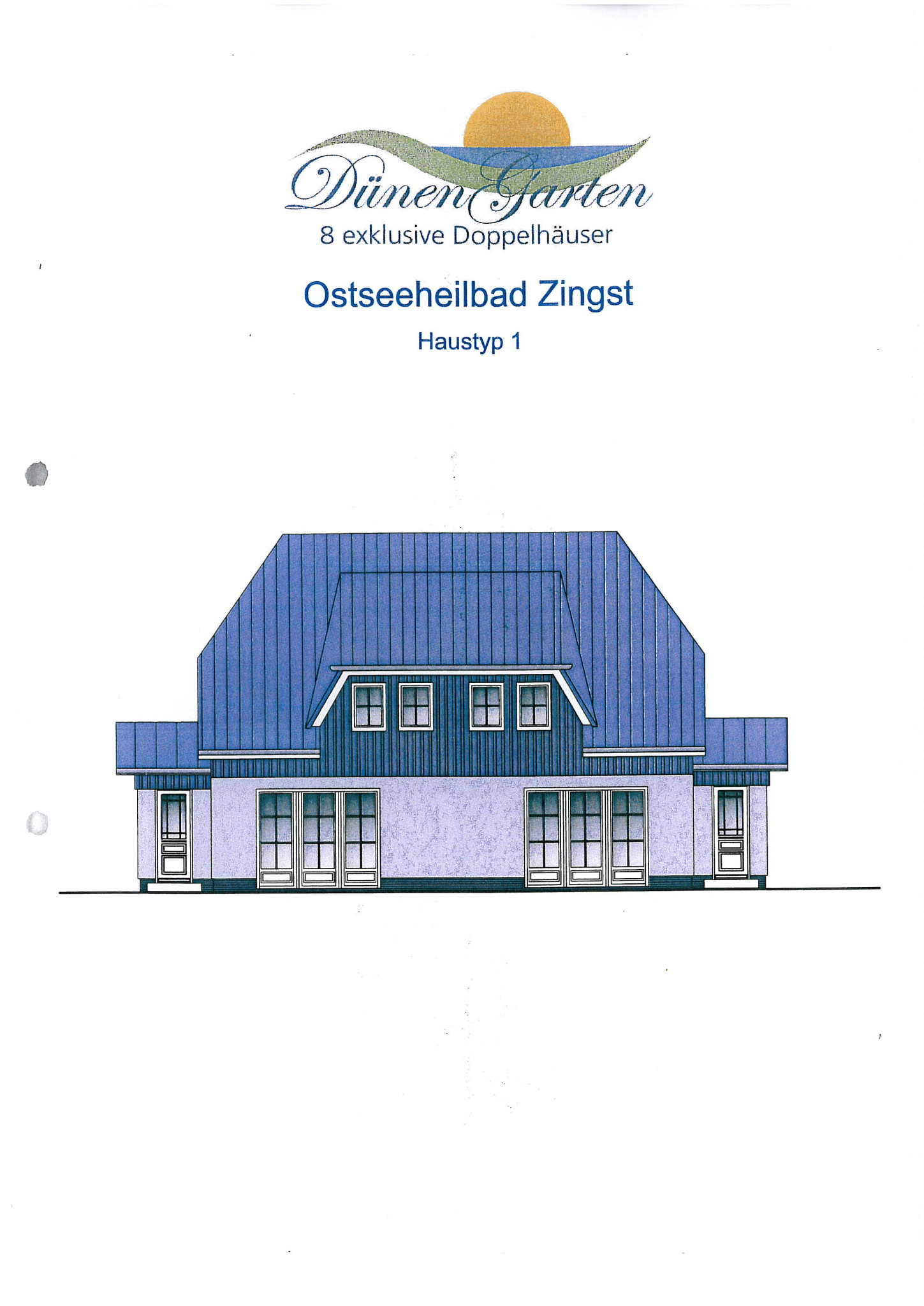 Architektonische Zeichnung eines Gebäudes mit blauem Dach und dem Logo „Dünen-Garten“ auf dem Dach.