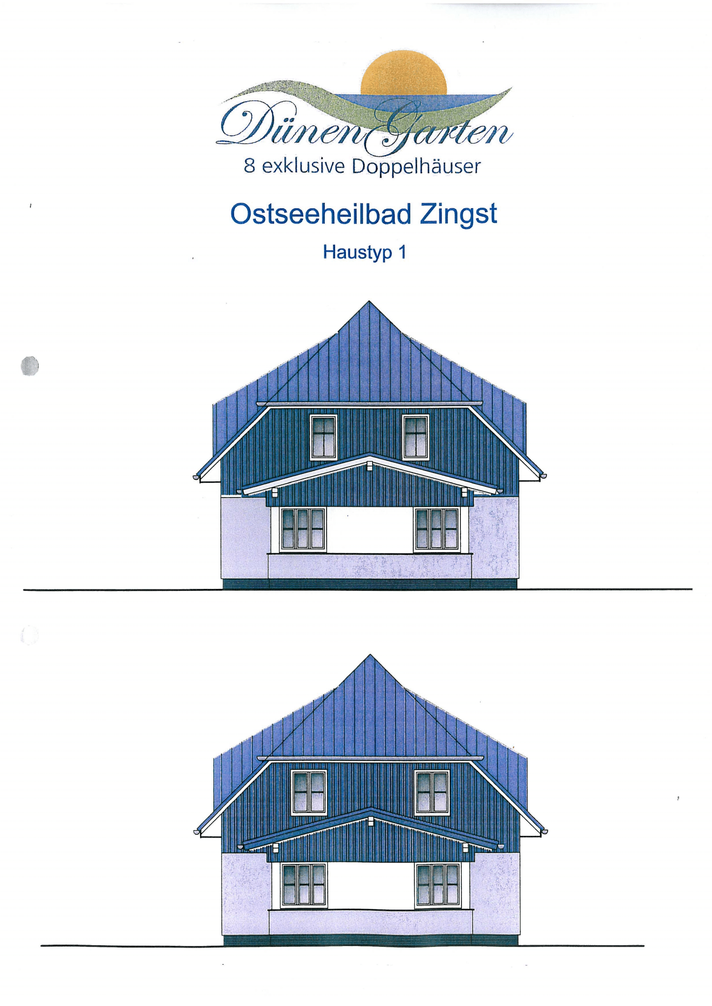 Zwei Abbildungen eines hellblauen Hauses mit dunkelblauem Dach. Die obere zeigt das Gebäude mit einer Markise, die untere ohne.