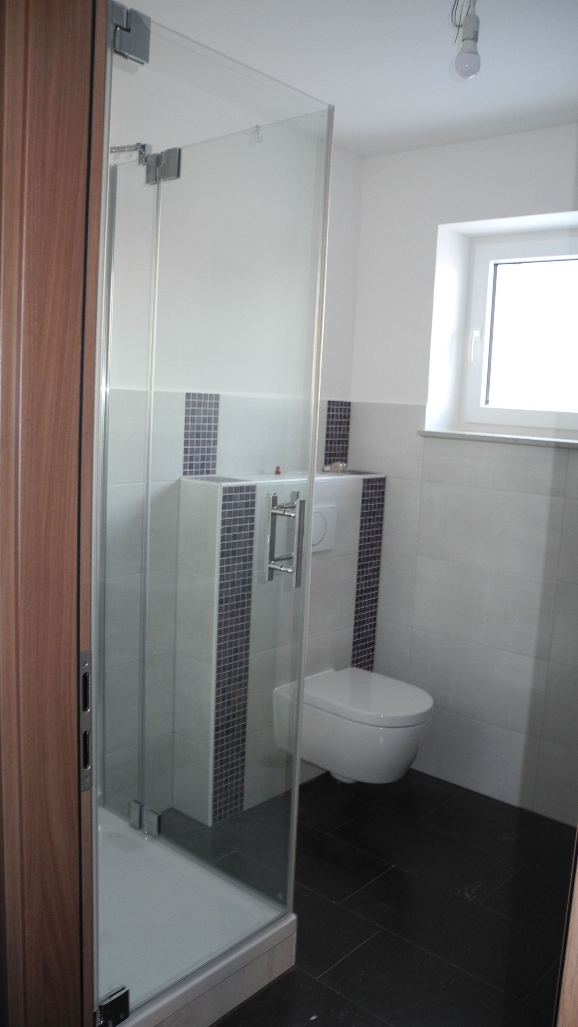 Badezimmer mit Glasdusche, Toilette, weiß-blauen Fliesen und dunklem Boden.