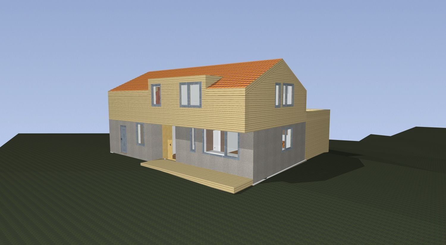 3D-Modell eines zweistöckigen Hauses mit Holzverkleidung, Fenstern und orangefarbenem Dach. In grüner Umgebung gelegen.