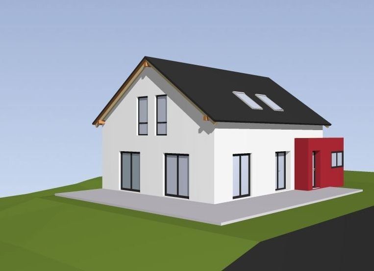 Ein modernes weißes Haus mit schwarzem Dach, roten Akzenten und Fenstern an einem grünen Hang.