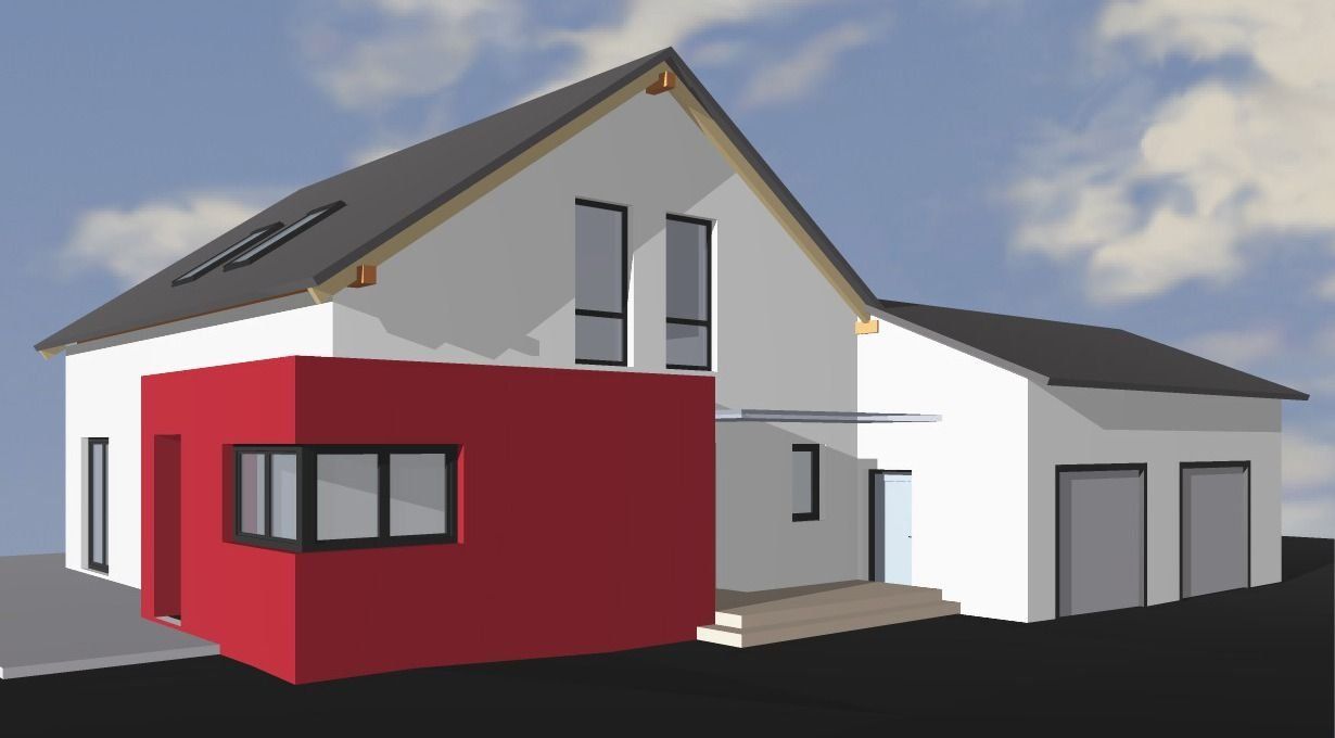 Moderne Hausvisualisierung mit roter Akzentwand, grauem Dach und Doppelgarage.