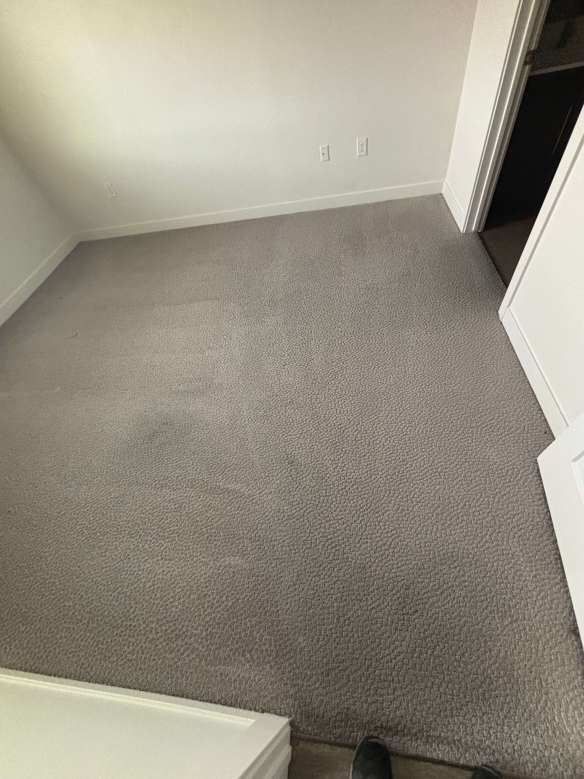 Gray carpeted room with white walls and a doorway.