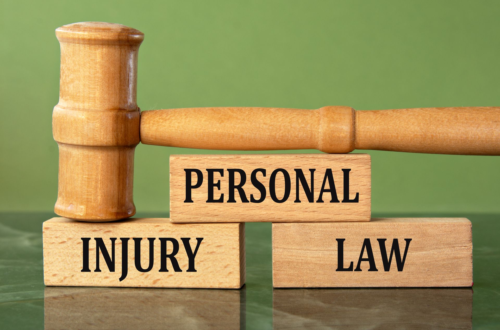 Wooden gavel atop blocks labeled 'Personal Injury Law' against a green background. Wooden gavel atop blocks labeled 'Personal Injury Law' against a green background.