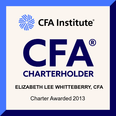 CFA Institute CFA Charterholder certificate with Elizabeth Lee Whiteberry’s name and charter awarded 2013