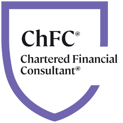 Purple shield logo for ChFC Chartered Financial Consultant with black text and registered marks