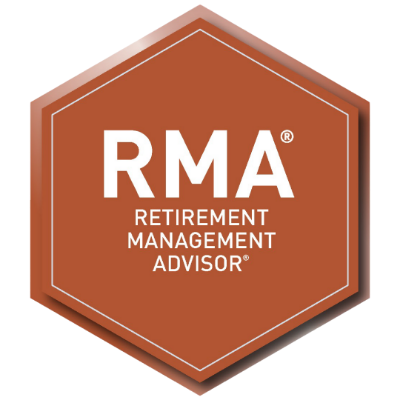 Orange hexagonal RMA Retirement Management Advisor badge with white text and thin outline