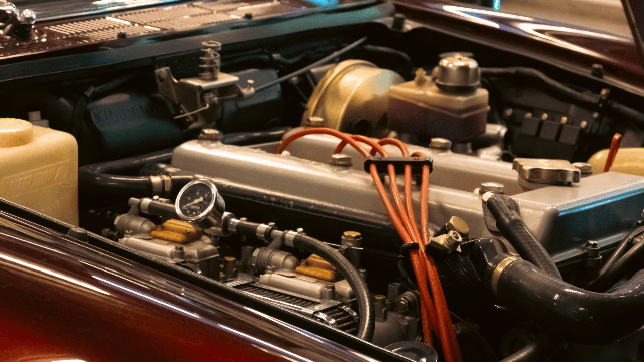 Engine bay of a classic car with silver engine, orange spark plug wires, and various components.