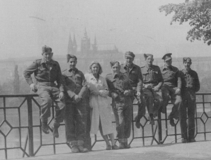 Escaped POWs with Czech nurse Daria Halla in Prague, Alec, second left, May 1945