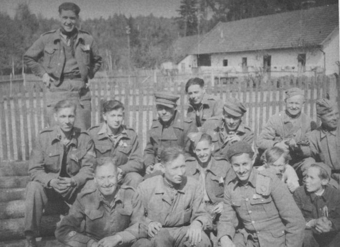Escaped POWs with Czech partisans and Russian soldiers, Alec, front second right May 1945