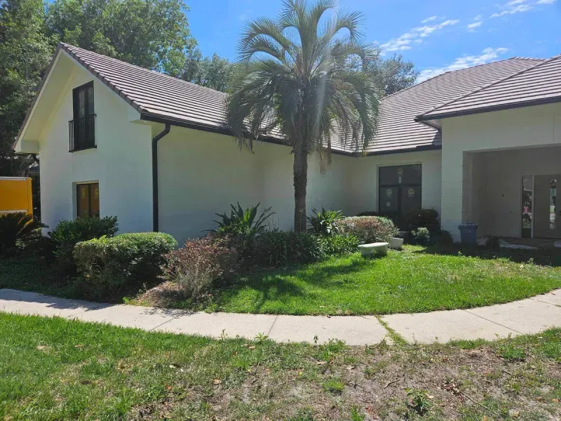 A large white house with a palm tree in front of it.