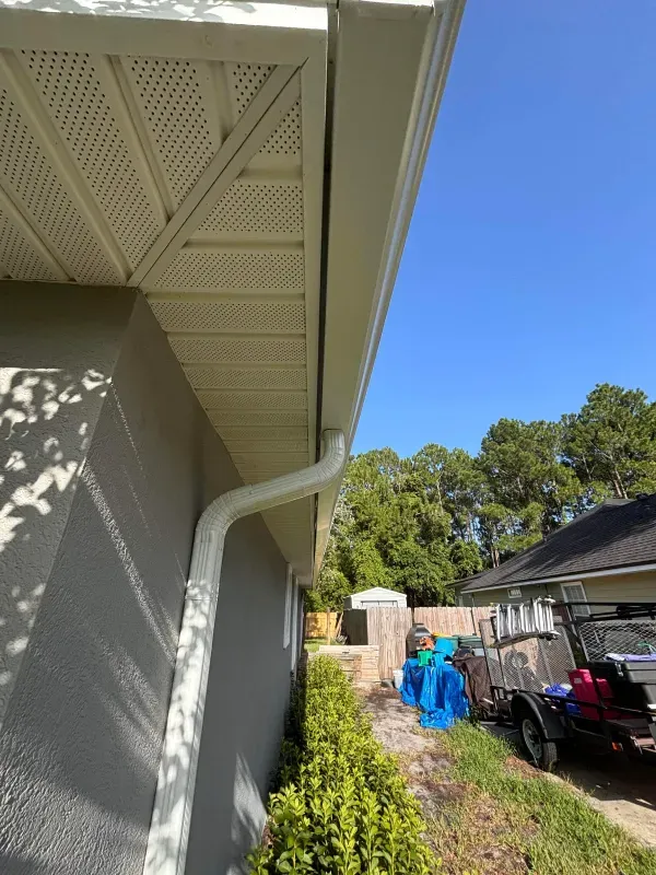 A white gutter on the side of a house