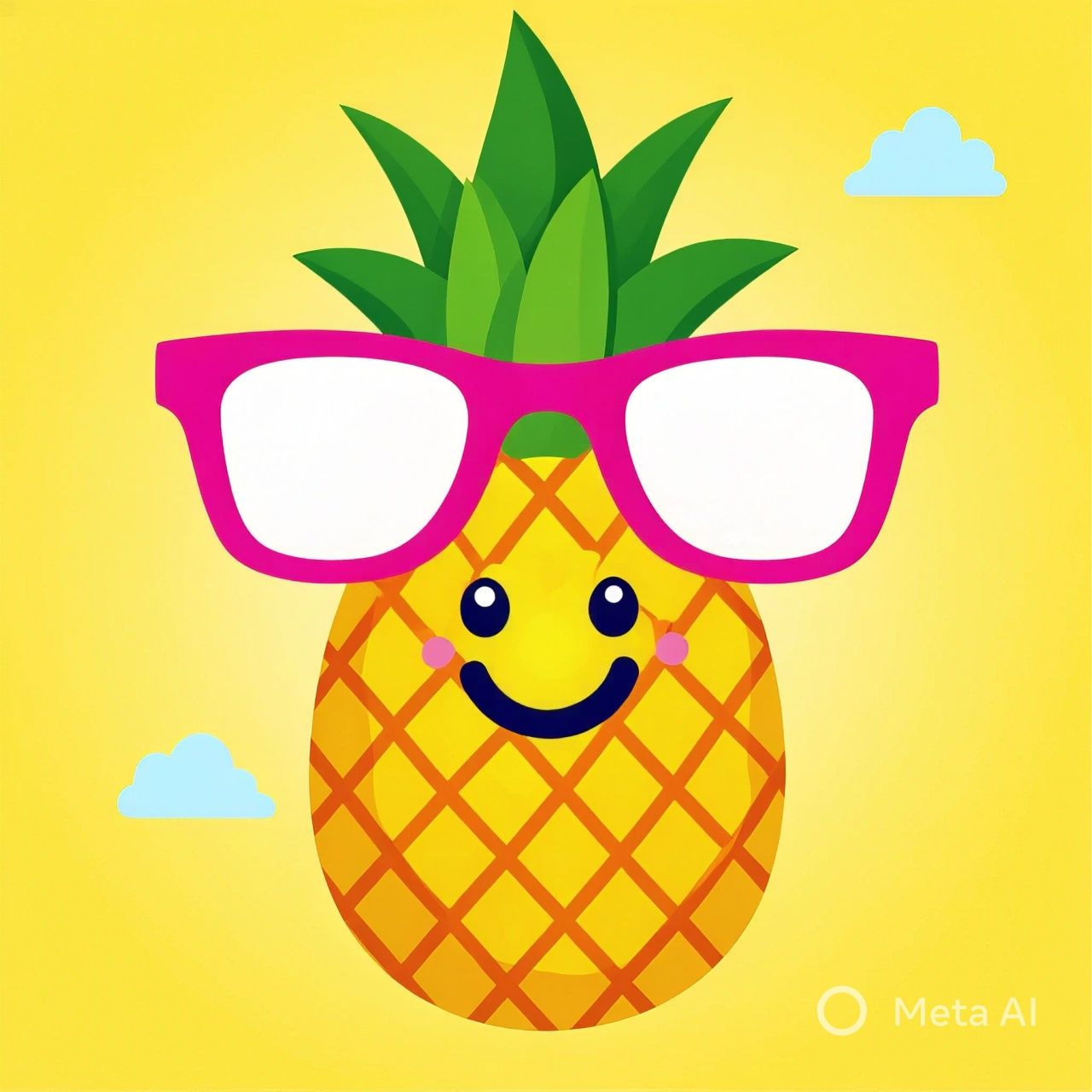 A cheerful, cartoon pineapple with pink glasses against a yellow background with light blue clouds.