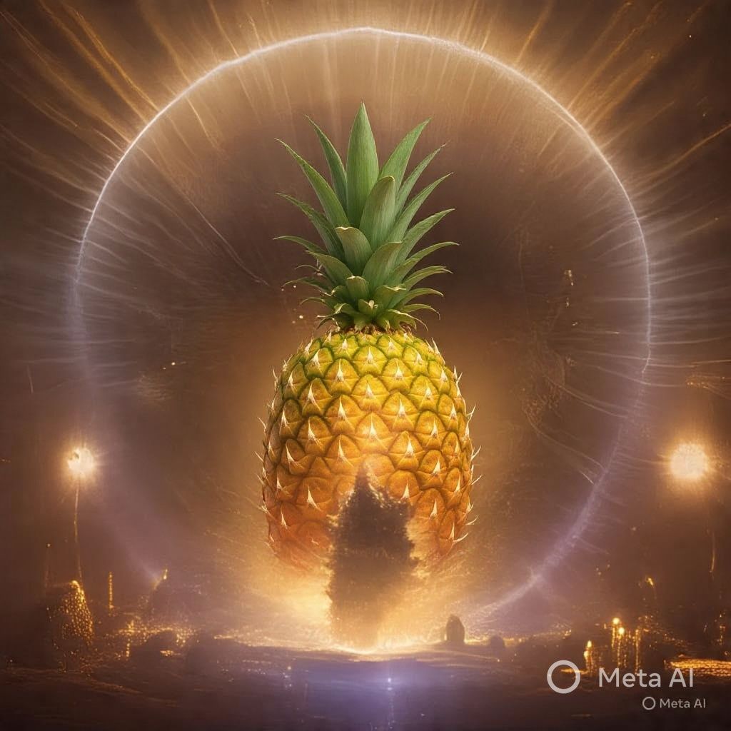 A glowing, majestic pineapple stands center stage, framed by a radiant, circular light against a dark, ethereal backdrop.