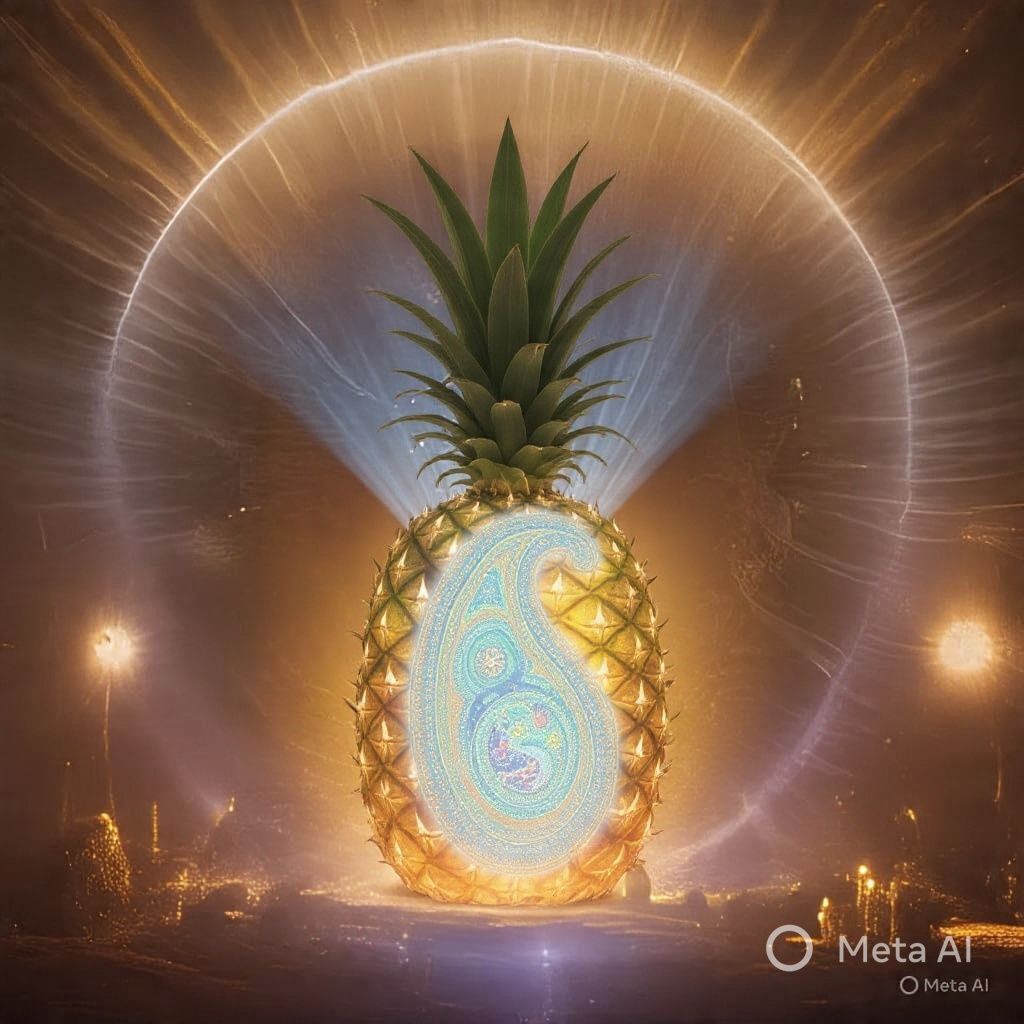 A glowing pineapple sits on a platform, featuring a blue, ornate paisley pattern on its front against a golden halo.